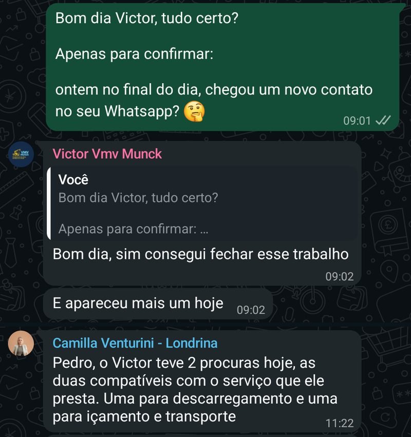 Conversa no WhatsApp com Victor, da VMV Munck em Londrina: trabalho fechado e novos pedidos vindos do Google