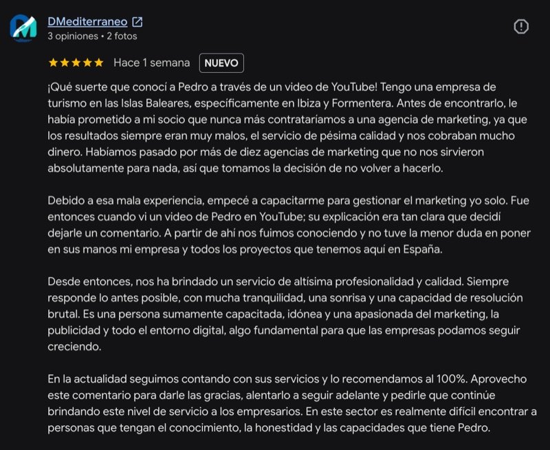 Reseña en Google — DMediterraneo, empresa de turismo en Ibiza