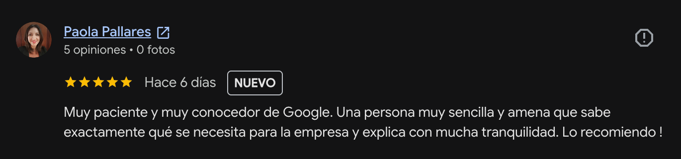 Reseña en Google · Paola Pallares, asesoría en Google Ads (original en español)